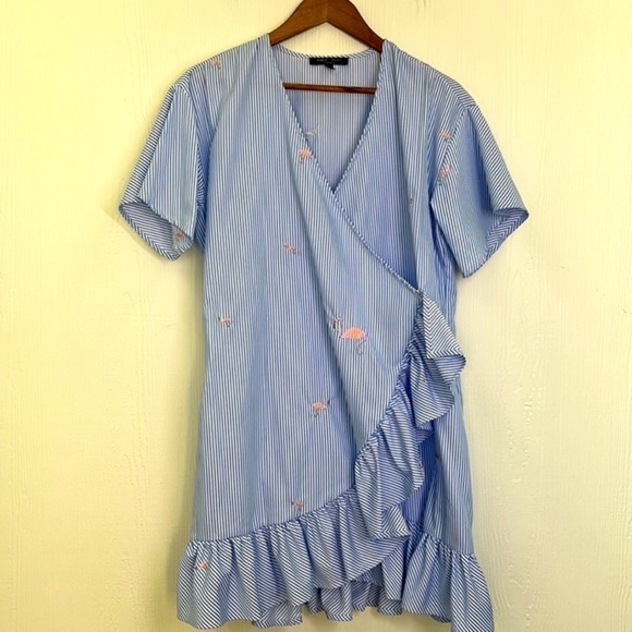 Romeo + Juliet - Flamingo Blue & White Stripe Ruffle Criss Cross Midi Dress Med - Picture 11 of 13
